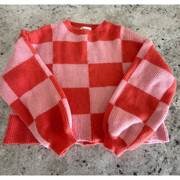 Sweaters - &merci Pink Orange Checkered Sweater Size S Crew Neck